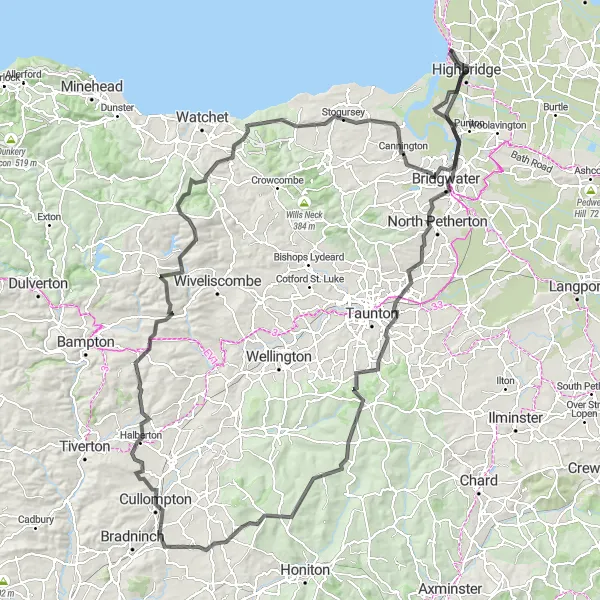 Map miniature of "The Blackdown Hills Circuit" cycling inspiration in Dorset and Somerset, United Kingdom. Generated by Tarmacs.app cycling route planner