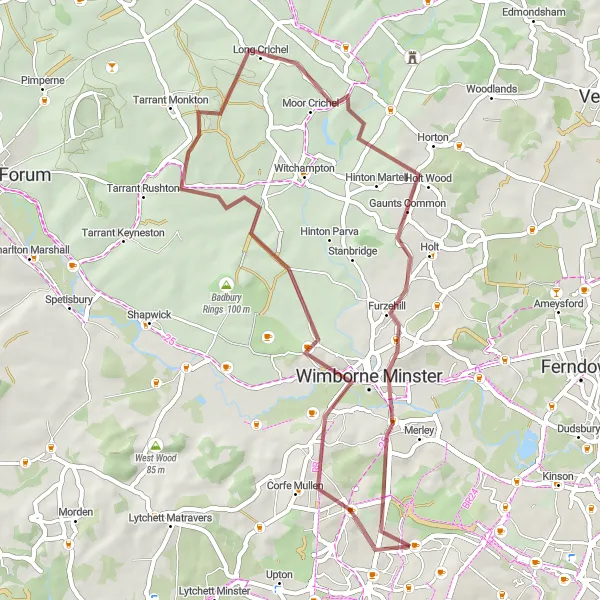 Map miniature of "Canford Heath Gravel Adventure" cycling inspiration in Dorset and Somerset, United Kingdom. Generated by Tarmacs.app cycling route planner