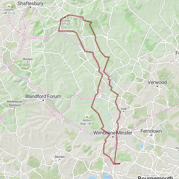 Map miniature of "Wild Gravel Trails and Scenic Beauty" cycling inspiration in Dorset and Somerset, United Kingdom. Generated by Tarmacs.app cycling route planner