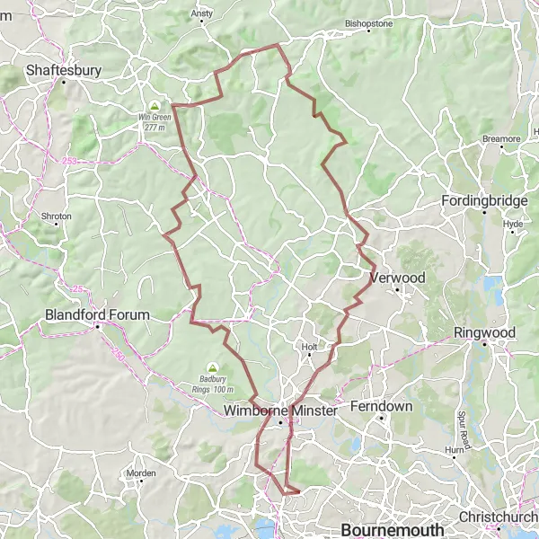 Map miniature of "Canford Heath to Lodge Hill Gravel Adventure" cycling inspiration in Dorset and Somerset, United Kingdom. Generated by Tarmacs.app cycling route planner