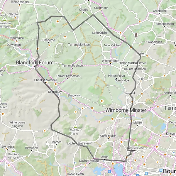 Map miniature of "Canford Heath and Blandford Forum Loop" cycling inspiration in Dorset and Somerset, United Kingdom. Generated by Tarmacs.app cycling route planner