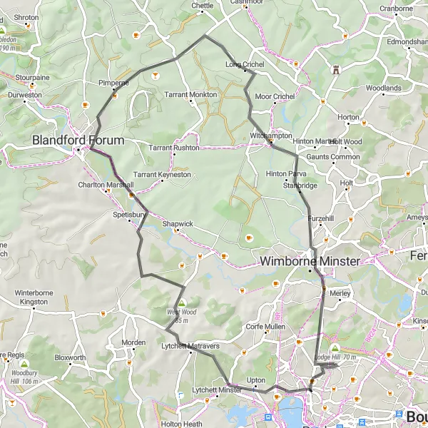 Map miniature of "Road Adventure: Discovering Sweeping Views and Historical Gems near Canford Heath" cycling inspiration in Dorset and Somerset, United Kingdom. Generated by Tarmacs.app cycling route planner