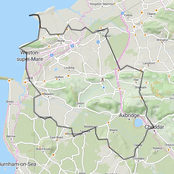 Map miniature of "Coastal Delights" cycling inspiration in Dorset and Somerset, United Kingdom. Generated by Tarmacs.app cycling route planner