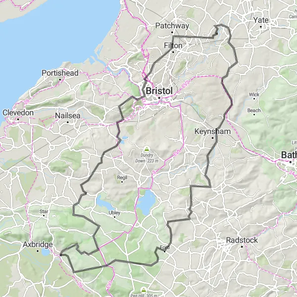 Map miniature of "Beautiful Cheddar Gorge Circuit" cycling inspiration in Dorset and Somerset, United Kingdom. Generated by Tarmacs.app cycling route planner