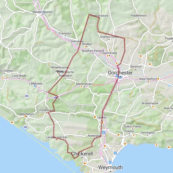 Map miniature of "The Jurassic Gravel Loop" cycling inspiration in Dorset and Somerset, United Kingdom. Generated by Tarmacs.app cycling route planner