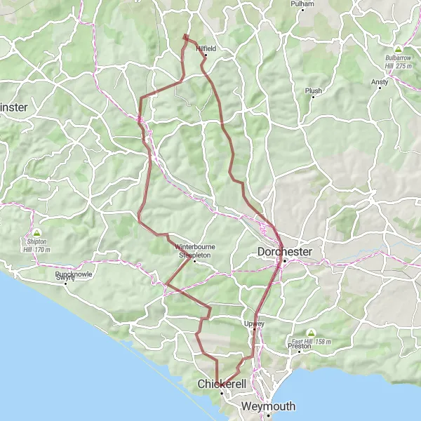 Map miniature of "Discover the Gravel Roads of Somerset" cycling inspiration in Dorset and Somerset, United Kingdom. Generated by Tarmacs.app cycling route planner