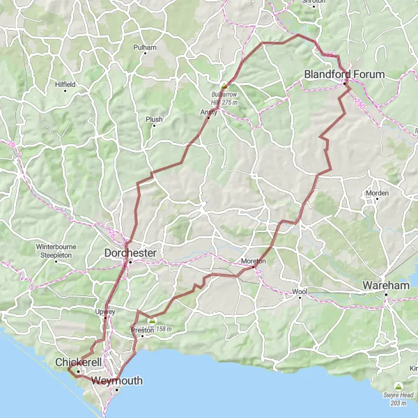 Map miniature of "Gravel Adventure Around Dorset" cycling inspiration in Dorset and Somerset, United Kingdom. Generated by Tarmacs.app cycling route planner
