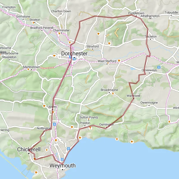 Map miniature of "The Gravel around Dorchester" cycling inspiration in Dorset and Somerset, United Kingdom. Generated by Tarmacs.app cycling route planner