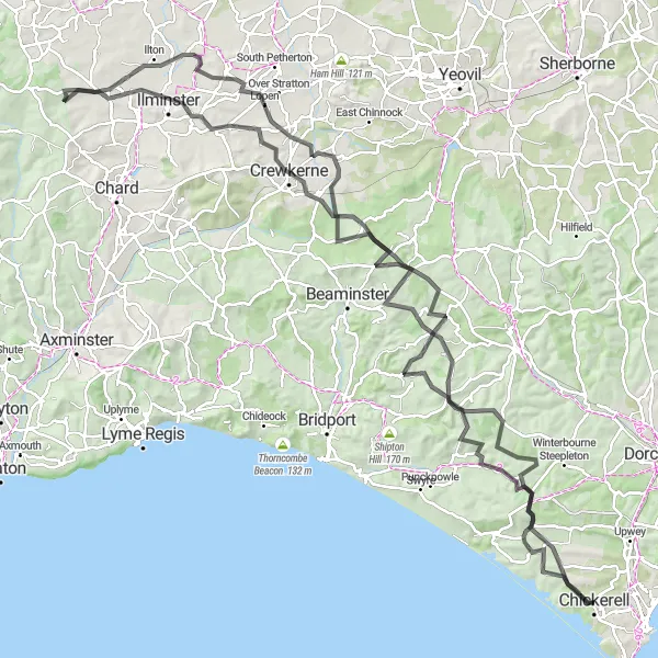 Map miniature of "The Somerset Challenge" cycling inspiration in Dorset and Somerset, United Kingdom. Generated by Tarmacs.app cycling route planner