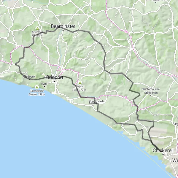 Map miniature of "Scenic Road loop through Dorset" cycling inspiration in Dorset and Somerset, United Kingdom. Generated by Tarmacs.app cycling route planner