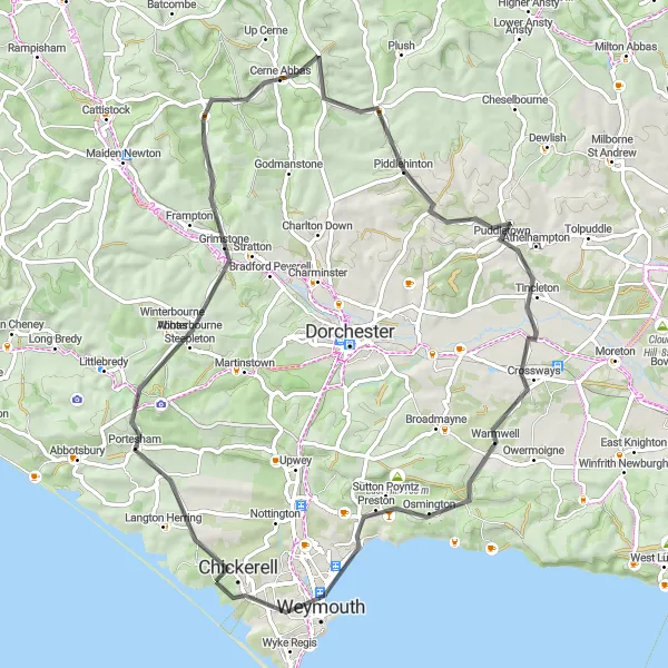 Map miniature of "Coastal Beauty and Historic Gems" cycling inspiration in Dorset and Somerset, United Kingdom. Generated by Tarmacs.app cycling route planner