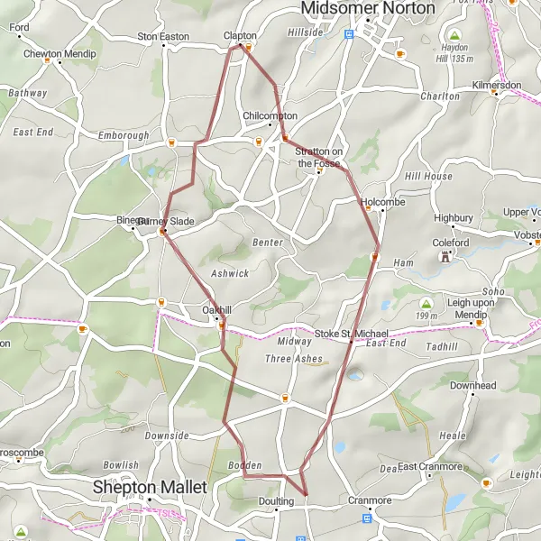 Map miniature of "Chilcompton Gravel Loop" cycling inspiration in Dorset and Somerset, United Kingdom. Generated by Tarmacs.app cycling route planner