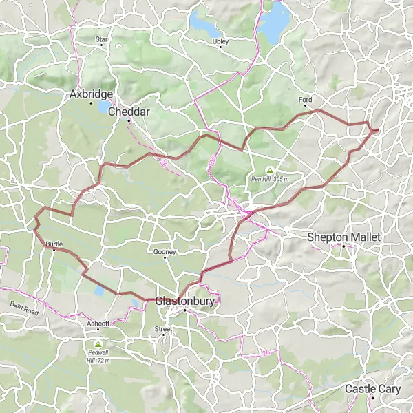 Map miniature of "Wells and Glastonbury Loop" cycling inspiration in Dorset and Somerset, United Kingdom. Generated by Tarmacs.app cycling route planner