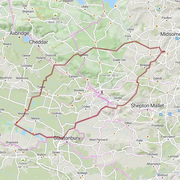 Map miniature of "Glastonbury Gravel Loop" cycling inspiration in Dorset and Somerset, United Kingdom. Generated by Tarmacs.app cycling route planner