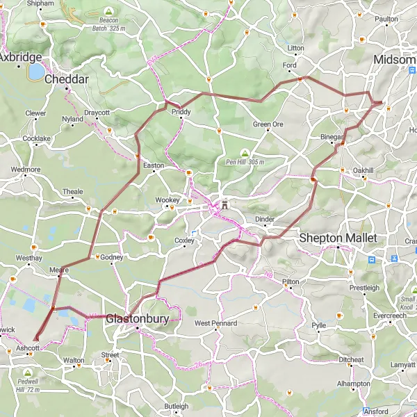 Map miniature of "Glastonbury Gravel Adventure" cycling inspiration in Dorset and Somerset, United Kingdom. Generated by Tarmacs.app cycling route planner