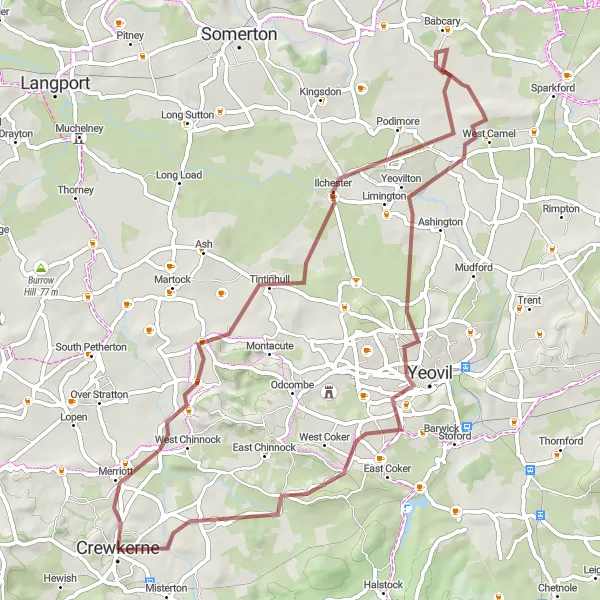 Map miniature of "Merriott and Yeovil Gravel Loop" cycling inspiration in Dorset and Somerset, United Kingdom. Generated by Tarmacs.app cycling route planner