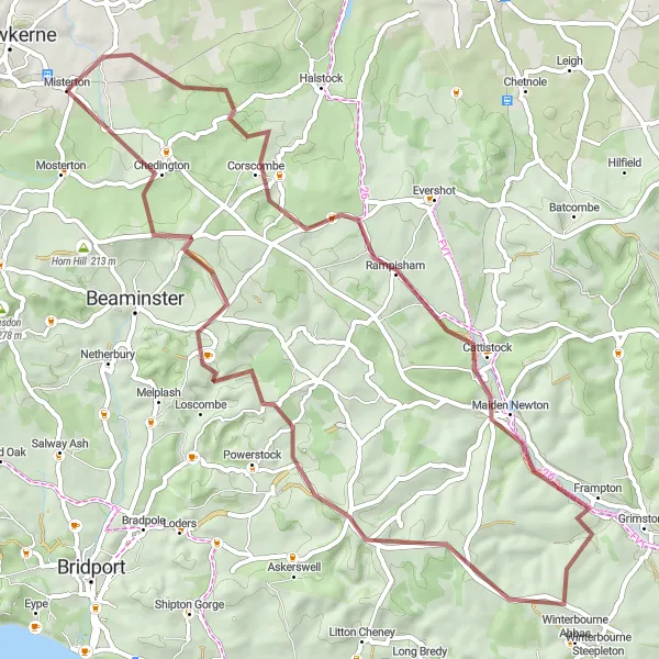 Map miniature of "Corscombe and Misterton Scenic Gravel Ride" cycling inspiration in Dorset and Somerset, United Kingdom. Generated by Tarmacs.app cycling route planner