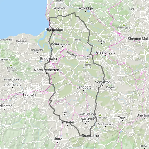 Map miniature of "The Somerset Odyssey" cycling inspiration in Dorset and Somerset, United Kingdom. Generated by Tarmacs.app cycling route planner