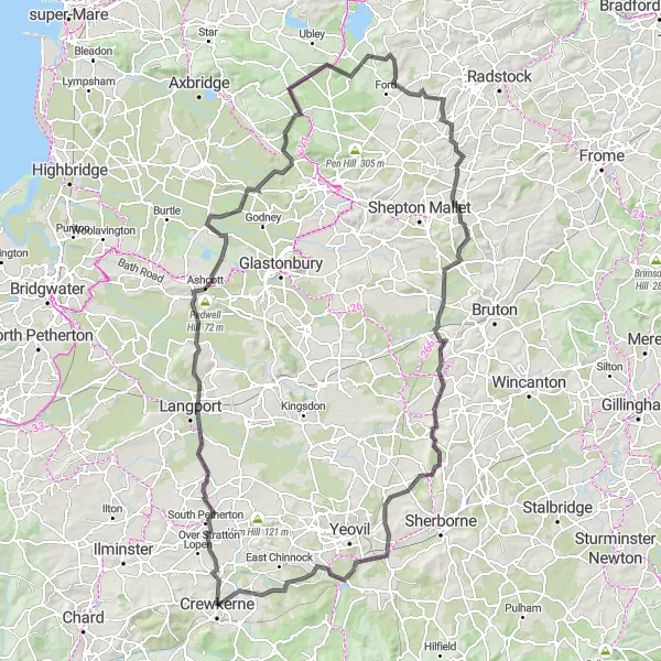 Map miniature of "South Petherton and Castle Cary Road Exploration" cycling inspiration in Dorset and Somerset, United Kingdom. Generated by Tarmacs.app cycling route planner