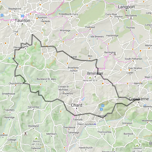 Map miniature of "The Hills of Winsham" cycling inspiration in Dorset and Somerset, United Kingdom. Generated by Tarmacs.app cycling route planner