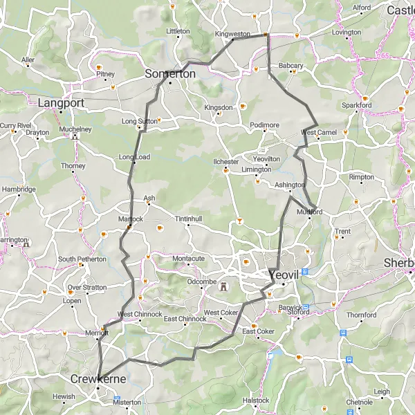 Map miniature of "The South Somerset Circuit" cycling inspiration in Dorset and Somerset, United Kingdom. Generated by Tarmacs.app cycling route planner