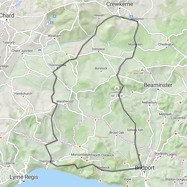 Map miniature of "Crewkerne Circuit" cycling inspiration in Dorset and Somerset, United Kingdom. Generated by Tarmacs.app cycling route planner