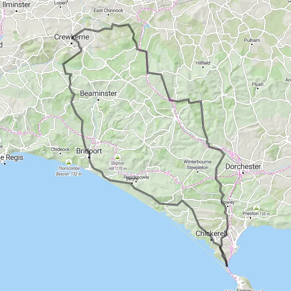 Map miniature of "Halstock and Burton Bradstock Road Adventure" cycling inspiration in Dorset and Somerset, United Kingdom. Generated by Tarmacs.app cycling route planner