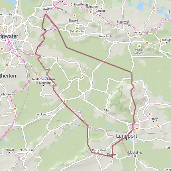 Map miniature of "The Burrowbridge Gravel Ride" cycling inspiration in Dorset and Somerset, United Kingdom. Generated by Tarmacs.app cycling route planner