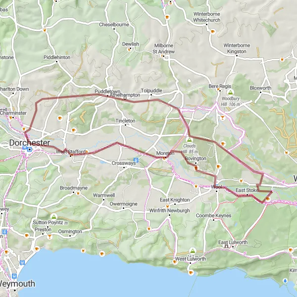 Map miniature of "Gravel and Historic Sites" cycling inspiration in Dorset and Somerset, United Kingdom. Generated by Tarmacs.app cycling route planner