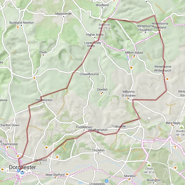 Map miniature of "The Gravel Adventure Route." cycling inspiration in Dorset and Somerset, United Kingdom. Generated by Tarmacs.app cycling route planner