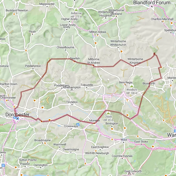 Map miniature of "The Countryside Escape" cycling inspiration in Dorset and Somerset, United Kingdom. Generated by Tarmacs.app cycling route planner