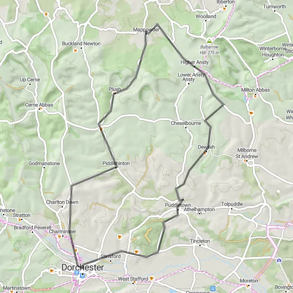 Map miniature of "Roads and Rural Charm" cycling inspiration in Dorset and Somerset, United Kingdom. Generated by Tarmacs.app cycling route planner