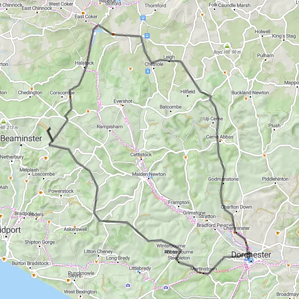 Map miniature of "Hills and Countryside" cycling inspiration in Dorset and Somerset, United Kingdom. Generated by Tarmacs.app cycling route planner