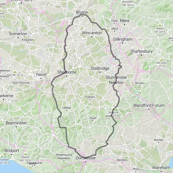 Map miniature of "The Dorset and Somerset Classic" cycling inspiration in Dorset and Somerset, United Kingdom. Generated by Tarmacs.app cycling route planner