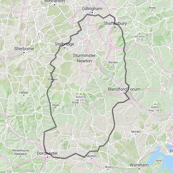 Map miniature of "The Diverse Countryside Loop" cycling inspiration in Dorset and Somerset, United Kingdom. Generated by Tarmacs.app cycling route planner