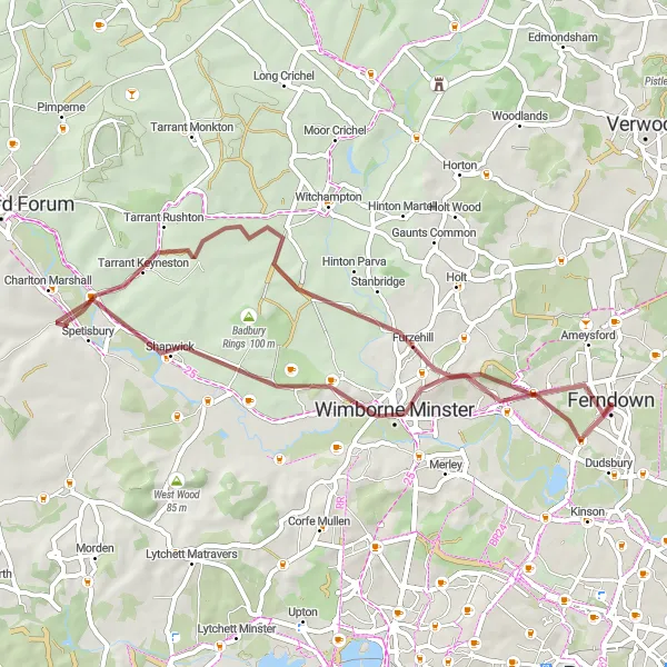 Map miniature of "Wimborne and Longham Gravel Loop" cycling inspiration in Dorset and Somerset, United Kingdom. Generated by Tarmacs.app cycling route planner