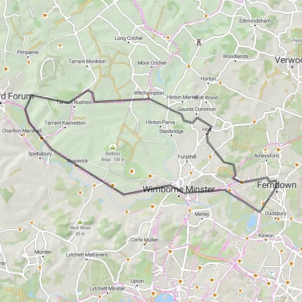 Map miniature of "Wimborne and Dean Hill Loop" cycling inspiration in Dorset and Somerset, United Kingdom. Generated by Tarmacs.app cycling route planner