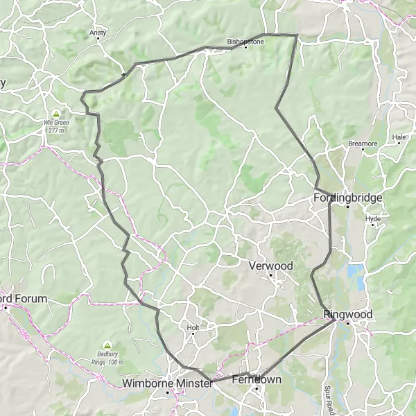 Map miniature of "Country Road Escape" cycling inspiration in Dorset and Somerset, United Kingdom. Generated by Tarmacs.app cycling route planner