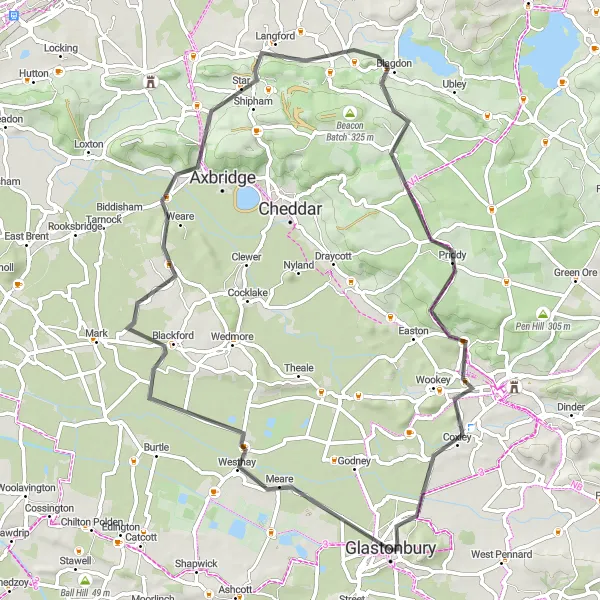 Map miniature of "Meare and Beyond" cycling inspiration in Dorset and Somerset, United Kingdom. Generated by Tarmacs.app cycling route planner