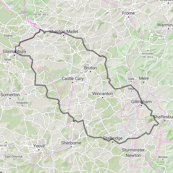 Map miniature of "Hills and History" cycling inspiration in Dorset and Somerset, United Kingdom. Generated by Tarmacs.app cycling route planner