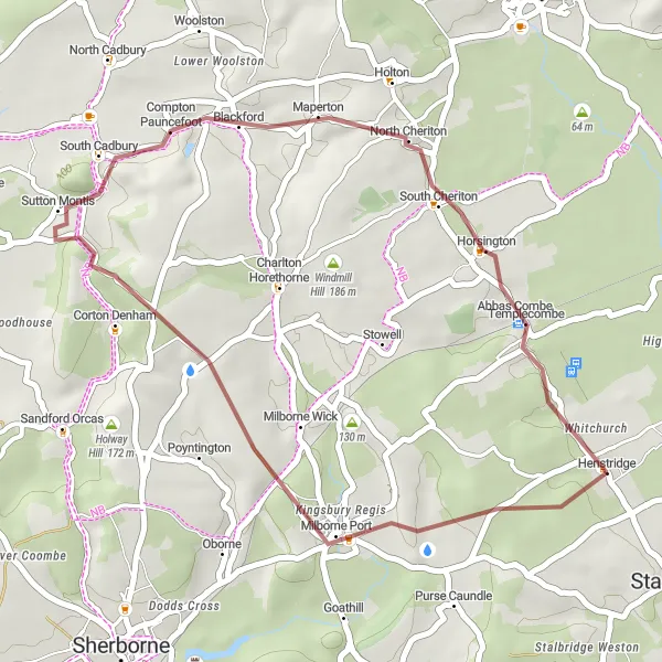 Map miniature of "Gravel Adventure near Henstridge: The Beacon Trail" cycling inspiration in Dorset and Somerset, United Kingdom. Generated by Tarmacs.app cycling route planner