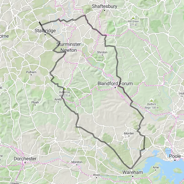 Map miniature of "Round-trip Cycling Route from Henstridge: Langton Long Loop" cycling inspiration in Dorset and Somerset, United Kingdom. Generated by Tarmacs.app cycling route planner