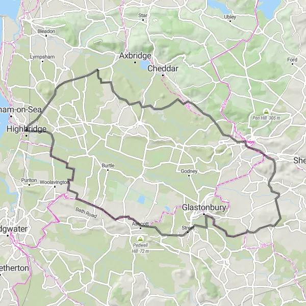 Map miniature of "Highbridge Circular Road Route" cycling inspiration in Dorset and Somerset, United Kingdom. Generated by Tarmacs.app cycling route planner