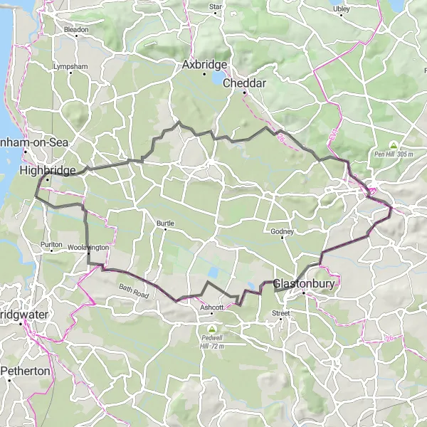 Map miniature of "Highbridge to Wookey Hole Road Route" cycling inspiration in Dorset and Somerset, United Kingdom. Generated by Tarmacs.app cycling route planner