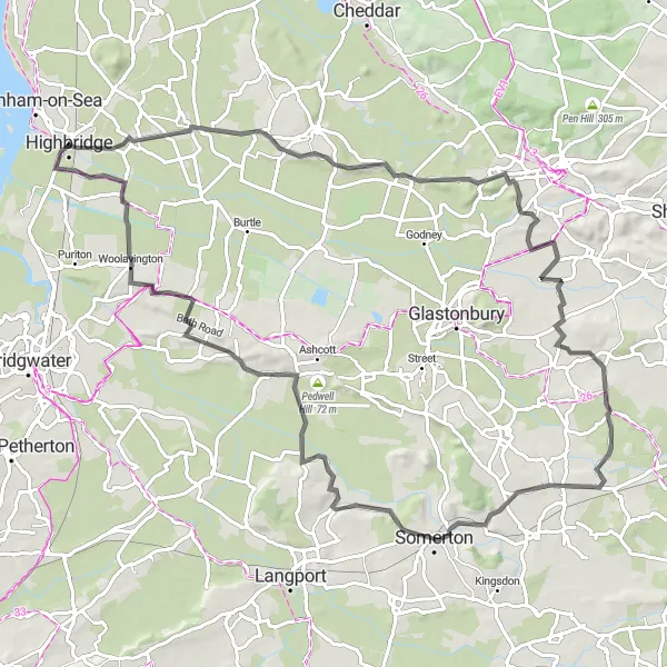 Map miniature of "Highbridge to Moorlinch Road Route" cycling inspiration in Dorset and Somerset, United Kingdom. Generated by Tarmacs.app cycling route planner