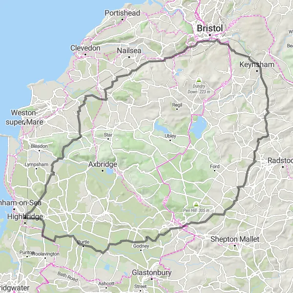 Map miniature of "Highbridge to Wells Road Route" cycling inspiration in Dorset and Somerset, United Kingdom. Generated by Tarmacs.app cycling route planner