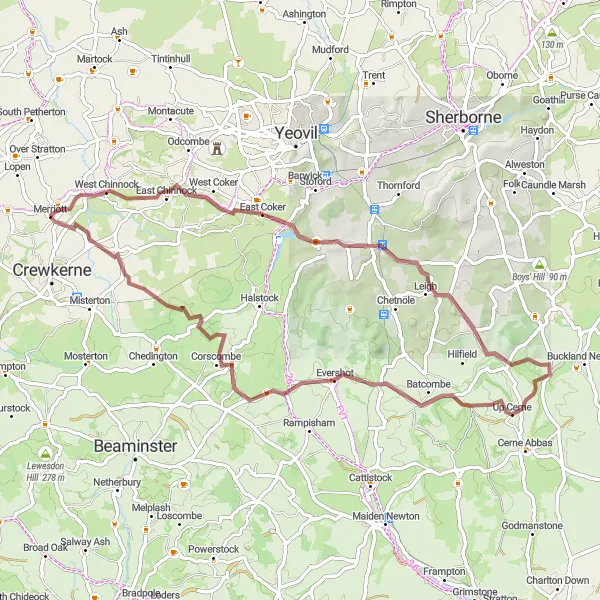 Map miniature of "Gravel Adventure to Evershot" cycling inspiration in Dorset and Somerset, United Kingdom. Generated by Tarmacs.app cycling route planner