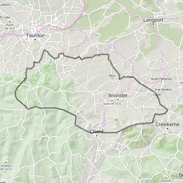 Map miniature of "Chard Challenge" cycling inspiration in Dorset and Somerset, United Kingdom. Generated by Tarmacs.app cycling route planner