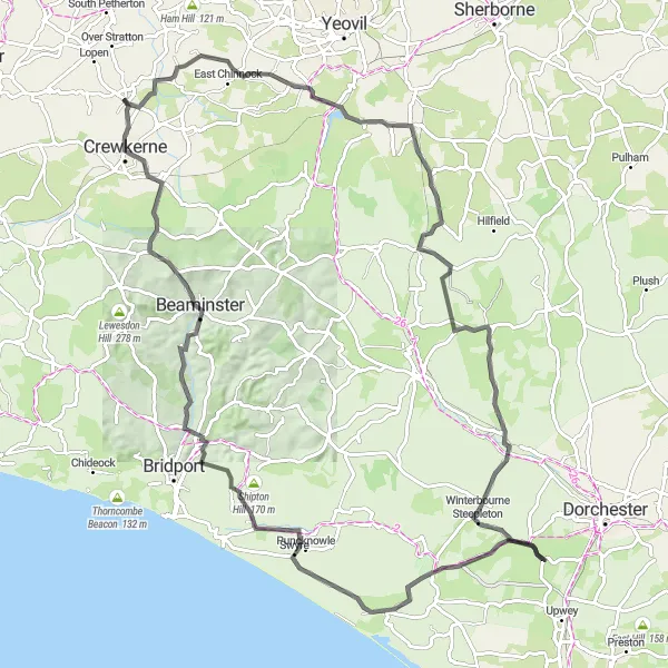 Map miniature of "Ultimate Dorset Challenge" cycling inspiration in Dorset and Somerset, United Kingdom. Generated by Tarmacs.app cycling route planner