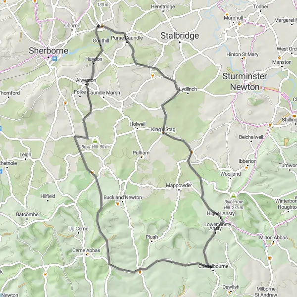 Map miniature of "Kings and Hills" cycling inspiration in Dorset and Somerset, United Kingdom. Generated by Tarmacs.app cycling route planner